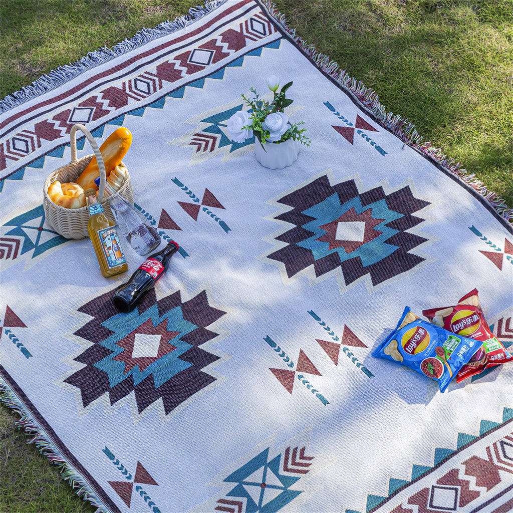 Breling 2-in-1 Large Picnic Blanket – Waterproof & Sandproof, Boho Fringe, Portable With Strap, 59"x79" For Beach, Camping, Or Park